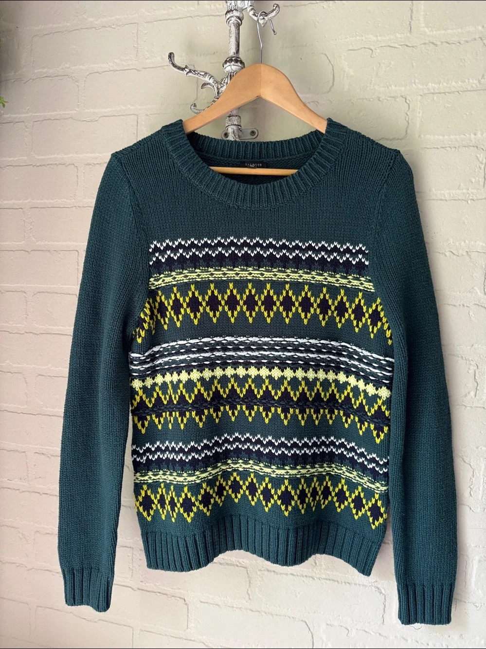 Talbots Green Diamond Fair Isle Crewneck Nordic Pullover Sweater medium NEW